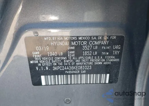 2019 Hyundai Accent Se z USA, uszkodzony, nr VIN 3KPC24A36KE081023